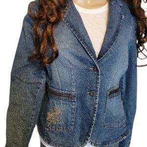 RAVE Jean Jacket Cropped Distressed Embroidered Zipped Pockets Button Fr…